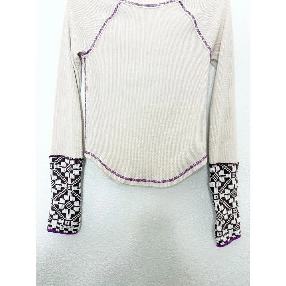 Free People She's Reversible Cuff Thermal Tee Oatmeal Size Small Bohemian